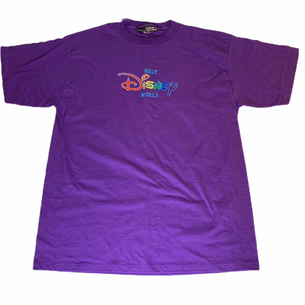 Vintage Walt Disney World Originals T Shirt Embroidered Rainbow USA Size LG XL